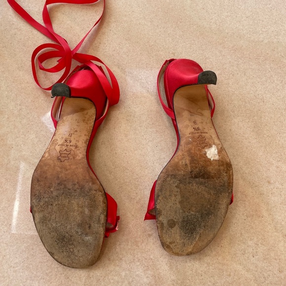 Cherry Red satin heels. - Picture 3 of 4